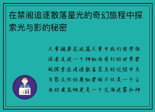 在禁阁追逐散落星光的奇幻旅程中探索光与影的秘密
